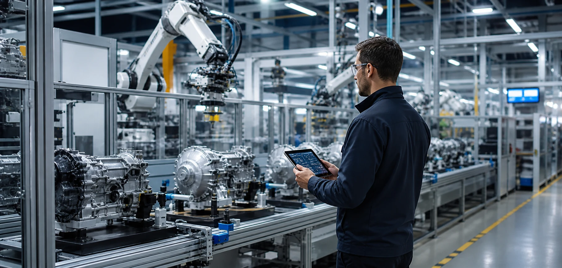 Ingeniero supervisando una línea de manufactura automatizada